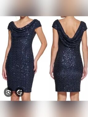 Vince Camuto Draped-Neck Sequinned Cowl Back Cocktail Dress - Navy Size 16